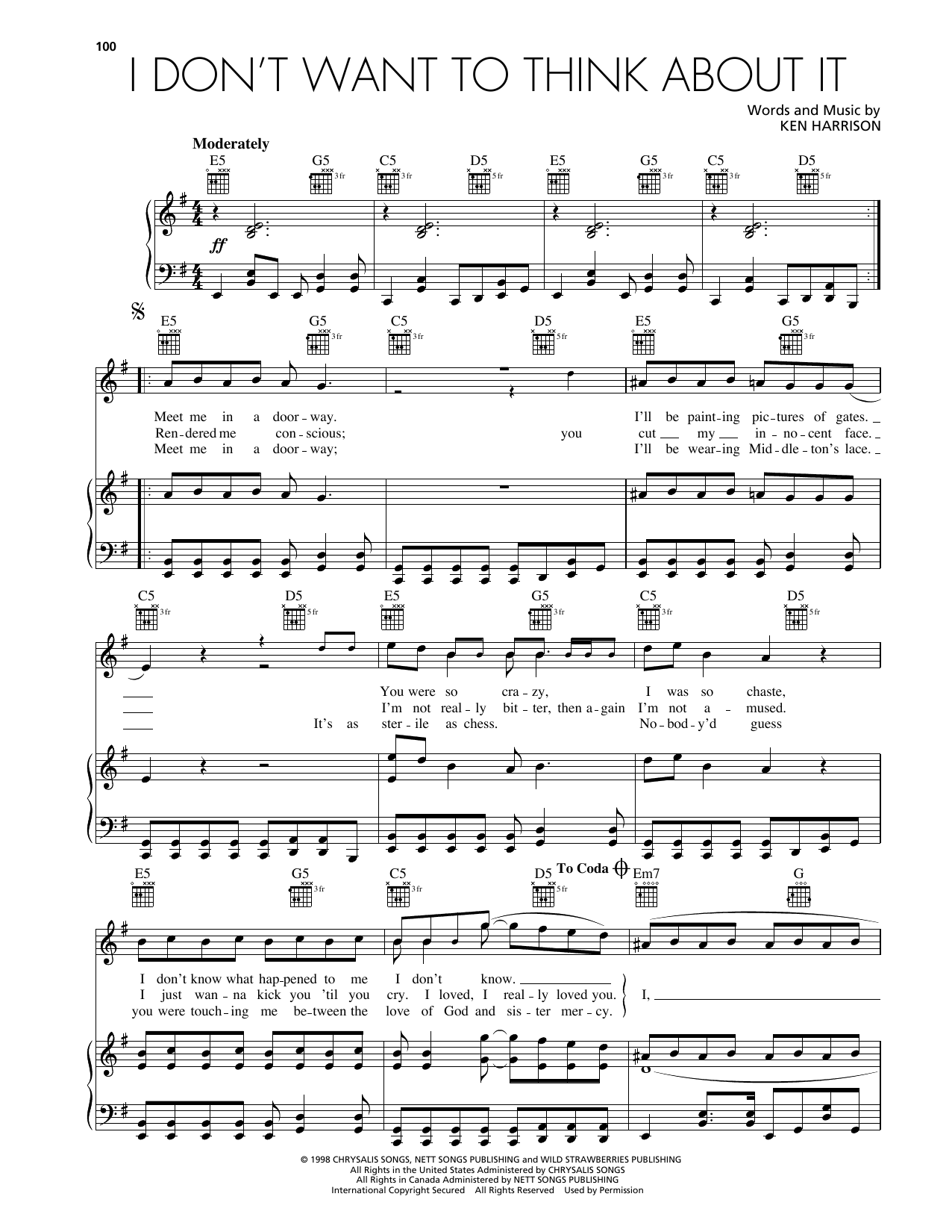 Wild Strawberries I Don't Want To Think About It Sheet Music Notes & Chords for Piano, Vocal & Guitar Chords (Right-Hand Melody) - Download or Print PDF