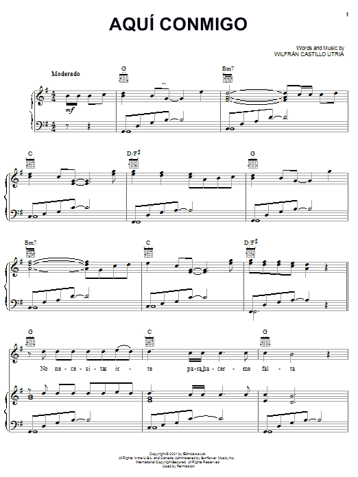 Wilfran Castillo Utria Aqui Conmigo Sheet Music Notes & Chords for Piano, Vocal & Guitar (Right-Hand Melody) - Download or Print PDF
