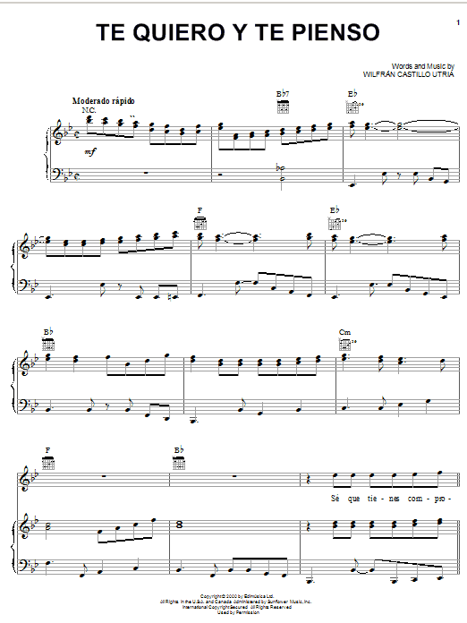 Wilfran Castillo Utria Te Quiero Y Te Pienso Sheet Music Notes & Chords for Piano, Vocal & Guitar (Right-Hand Melody) - Download or Print PDF