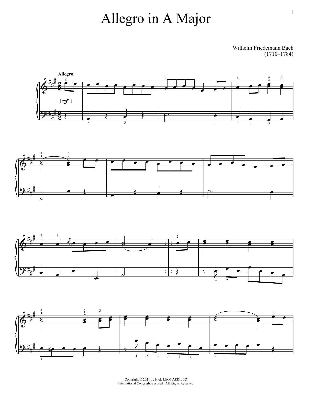 Wilhelm Friedemann Bach Allegro In A Major Sheet Music Notes & Chords for Piano Solo - Download or Print PDF