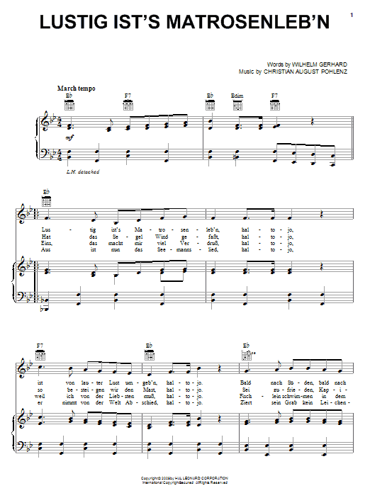 Wilhelm Gerhard Lustig Ist's Matrosenleb'n Sheet Music Notes & Chords for Piano, Vocal & Guitar (Right-Hand Melody) - Download or Print PDF