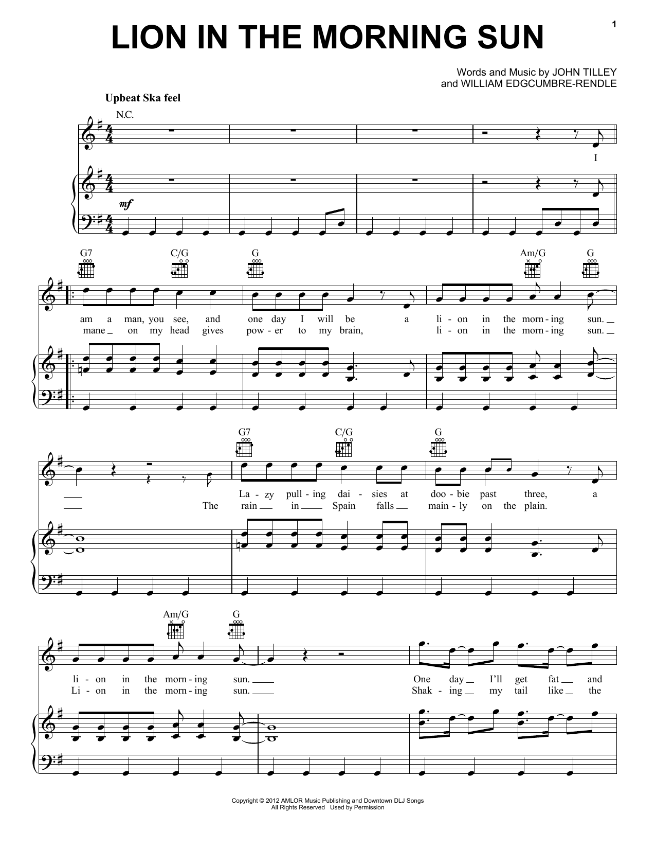 Will and the People Lion In The Morning Sun Sheet Music Notes & Chords for Piano, Vocal & Guitar (Right-Hand Melody) - Download or Print PDF