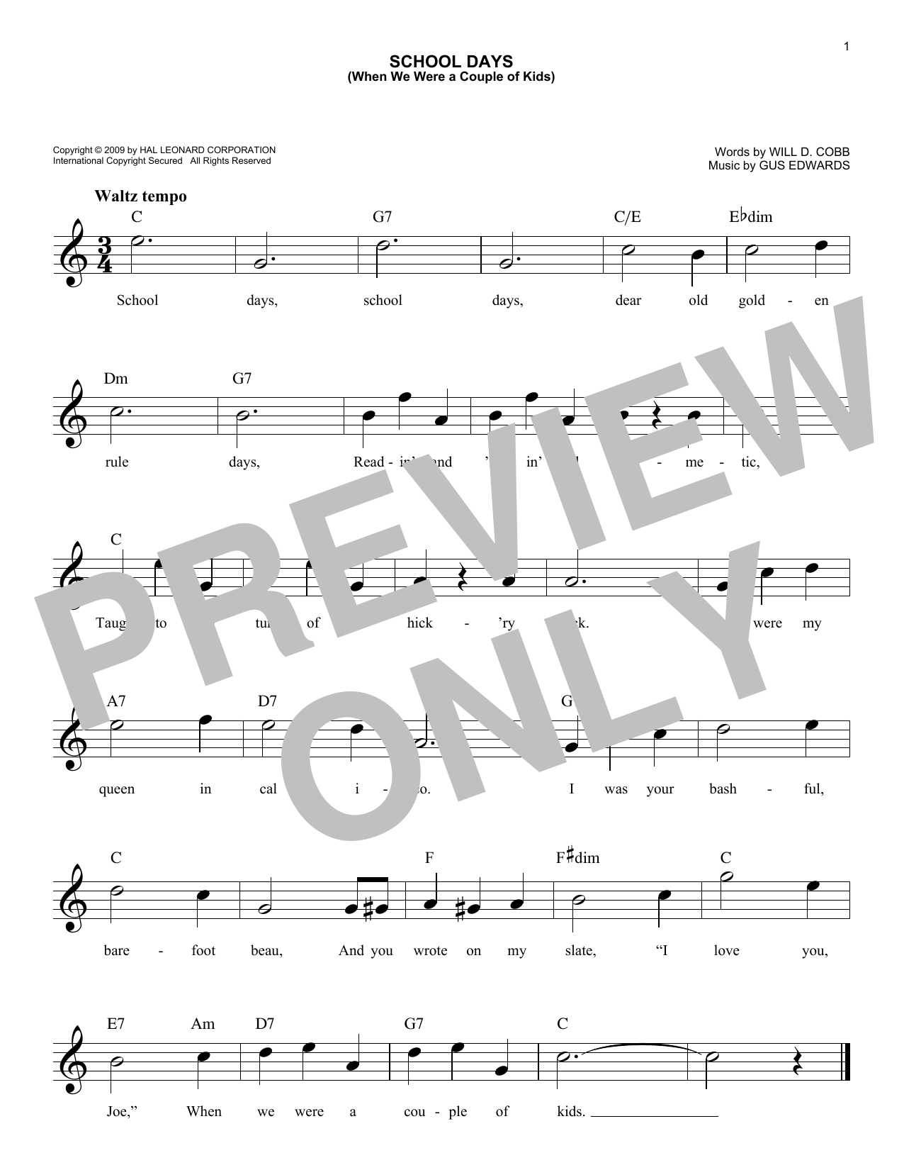 Will D. Cobb School Days (When We Were A Couple Of Kids) Sheet Music Notes & Chords for Melody Line, Lyrics & Chords - Download or Print PDF