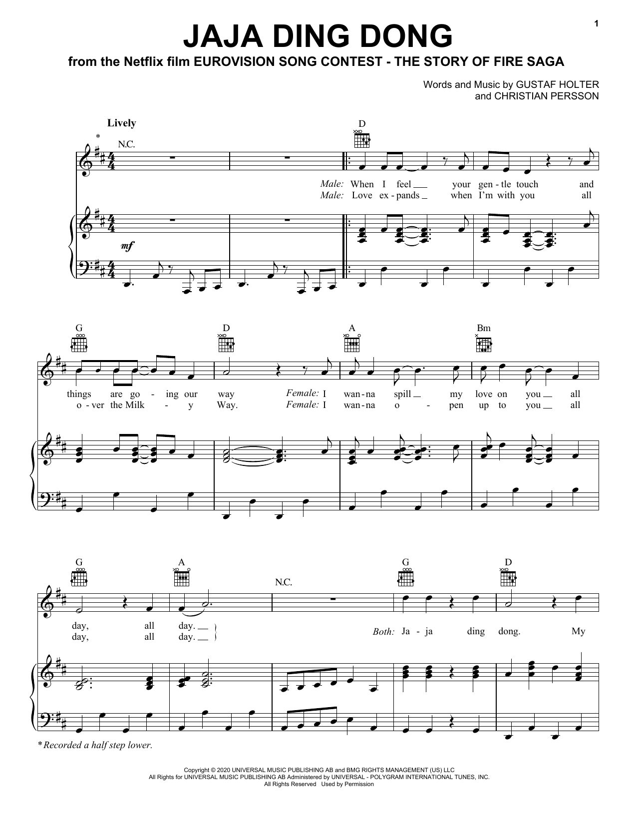 Will Ferrell & My Marianne Jaja Ding Dong (from Eurovision Song Contest: The Story of Fire Saga) Sheet Music Notes & Chords for Piano, Vocal & Guitar (Right-Hand Melody) - Download or Print PDF