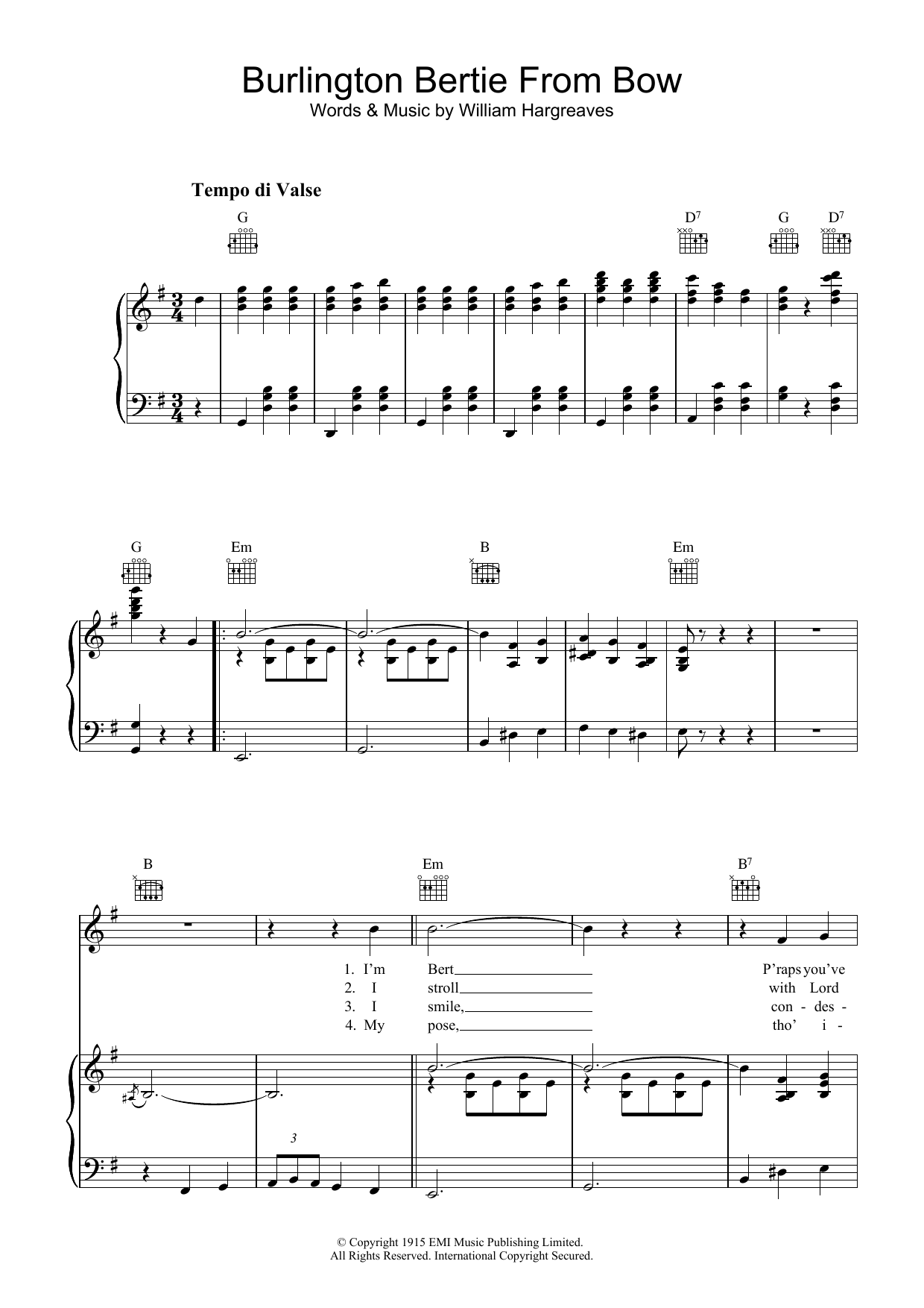 Will Hargreaves Burlington Bertie From Bow Sheet Music Notes & Chords for Piano, Vocal & Guitar (Right-Hand Melody) - Download or Print PDF Will Hargreaves Burlington Bertie From Bow Sheet Music Notes & Chords for Piano, Vocal & Guitar (Right-Hand Melody) - Download or Print PDF