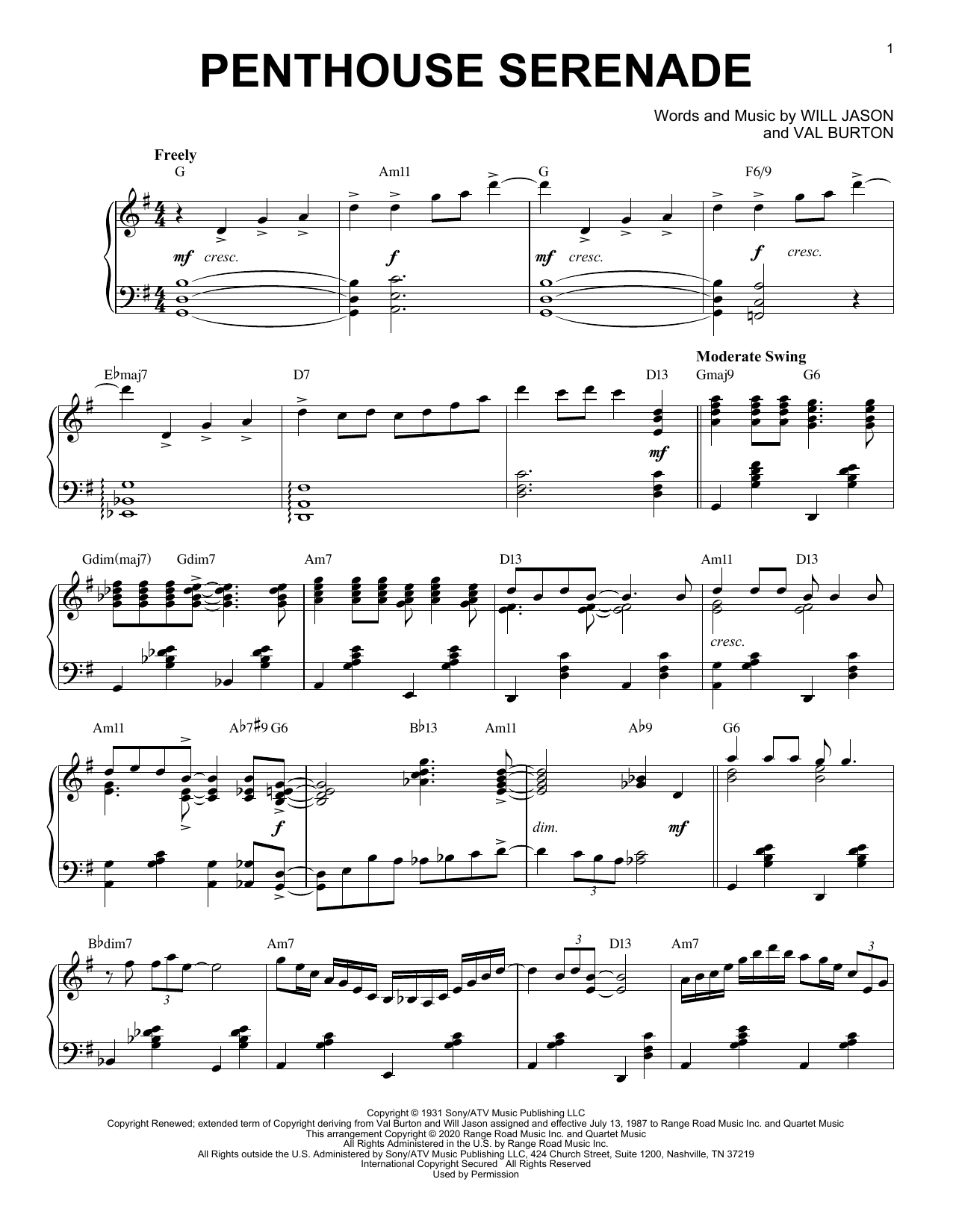 Will Jason Penthouse Serenade [Jazz version] (arr. Brent Edstrom) Sheet Music Notes & Chords for Piano Solo - Download or Print PDF