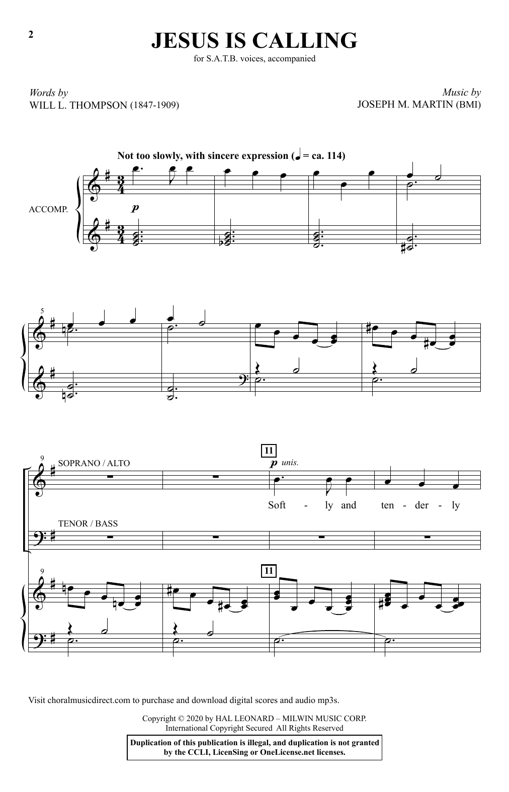 Will L. Thompson and Joseph M. Martin Jesus Is Calling Sheet Music Notes & Chords for SATB Choir - Download or Print PDF