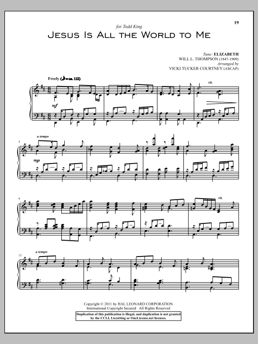 Will L. Thompson Jesus Is All The World To Me Sheet Music Notes & Chords for Piano, Vocal & Guitar Chords (Right-Hand Melody) - Download or Print PDF