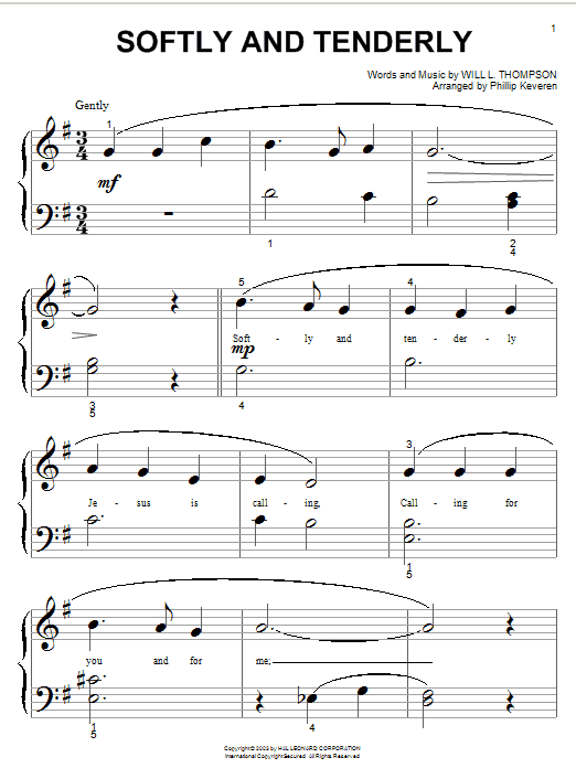 Will L. Thompson Softly And Tenderly Sheet Music Notes & Chords for Easy Piano - Download or Print PDF