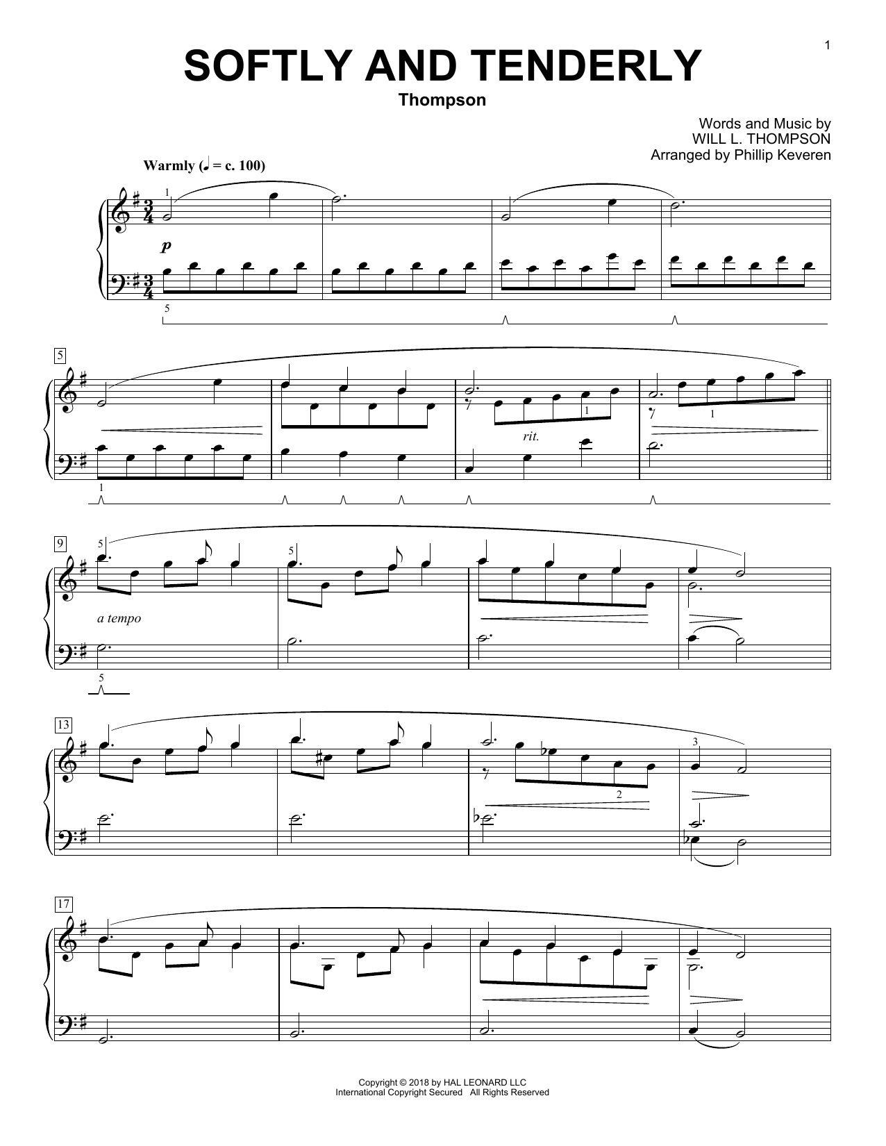 Will L. Thompson Softly And Tenderly [Classical version] (arr. Phillip Keveren) Sheet Music Notes & Chords for Piano - Download or Print PDF