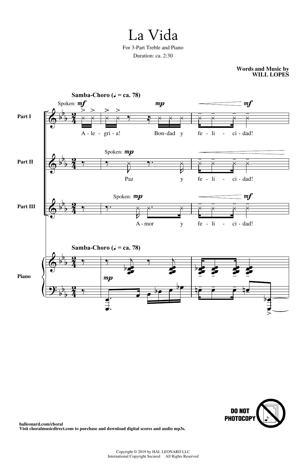 Will Lopes La Vida Sheet Music Notes & Chords for 3-Part Treble Choir - Download or Print PDF
