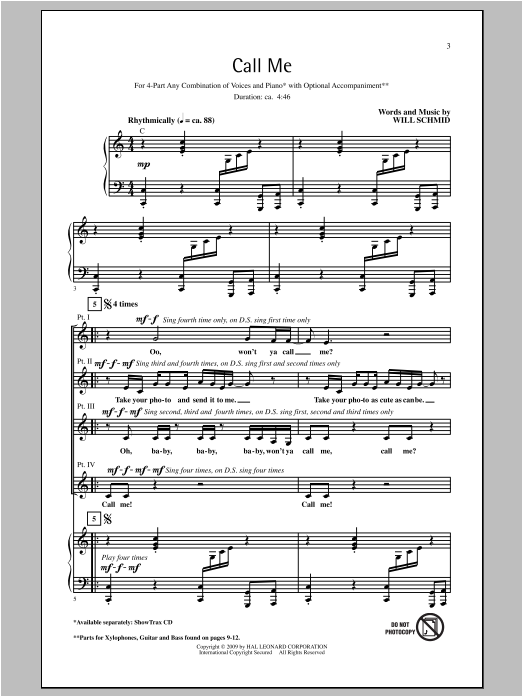 Will Schmid Call Me Sheet Music Notes & Chords for 4-Part - Download or Print PDF