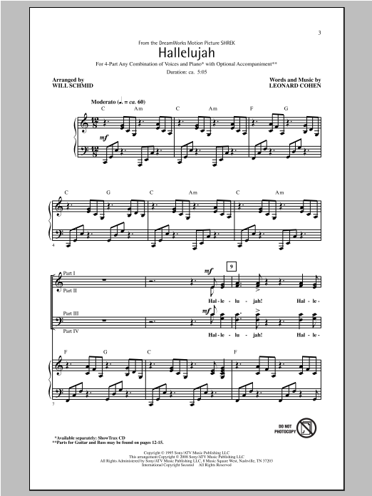 Leonard Cohen Hallelujah (arr. Will Schmid) Sheet Music Notes & Chords for 4-Part - Download or Print PDF