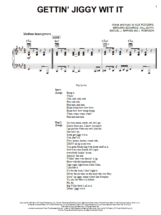 Will Smith Gettin' Jiggy Wit It Sheet Music Notes & Chords for Piano, Vocal & Guitar (Right-Hand Melody) - Download or Print PDF