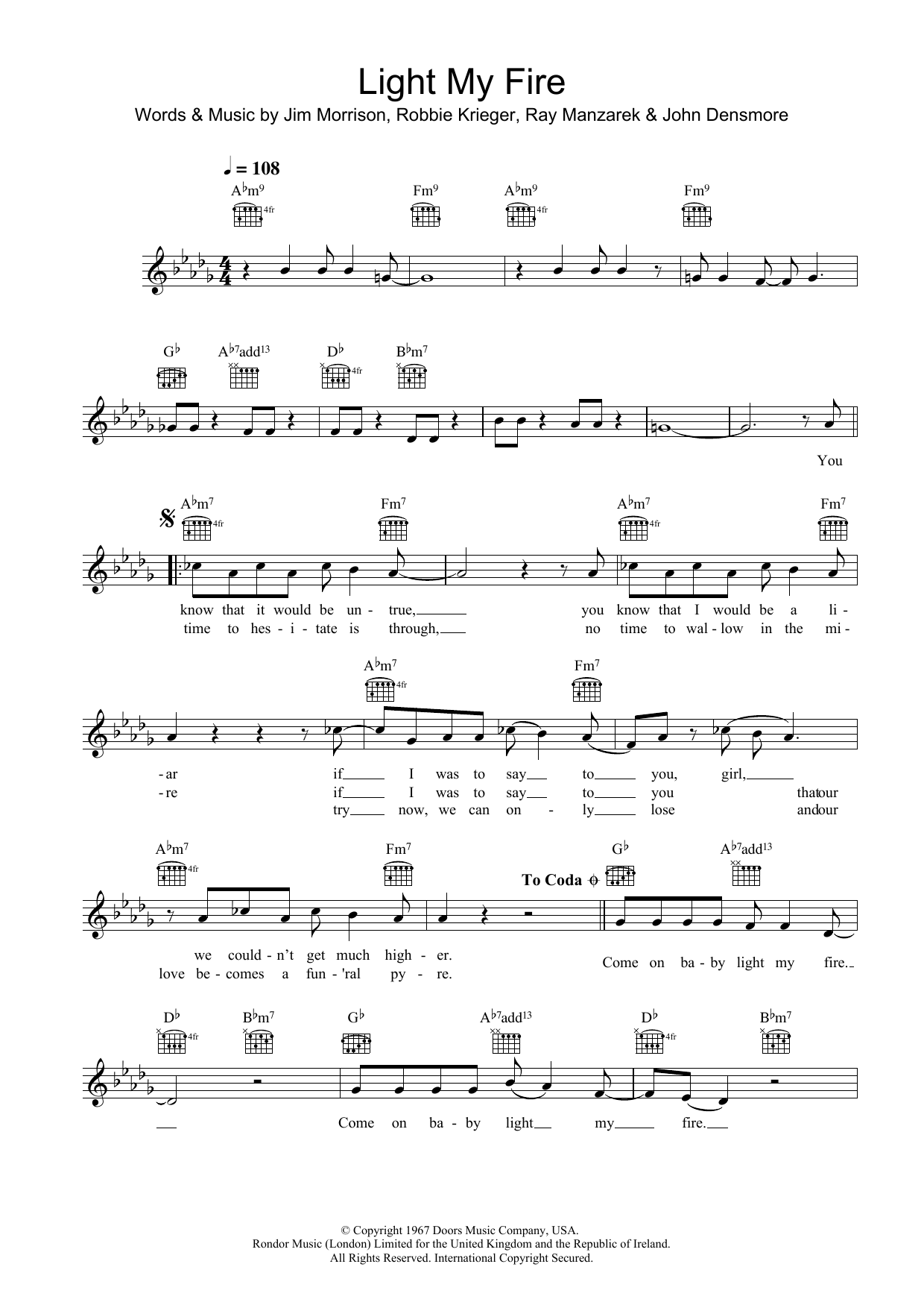 Will Young Light My Fire Sheet Music Notes & Chords for Melody Line, Lyrics & Chords - Download or Print PDF