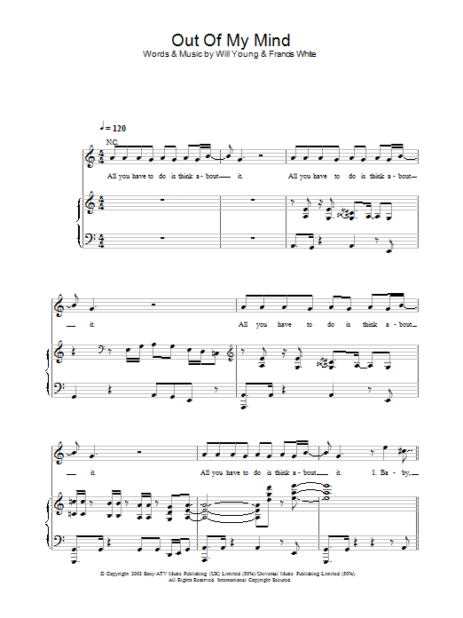 Will Young Out Of My Mind Sheet Music Notes & Chords for Piano, Vocal & Guitar - Download or Print PDF