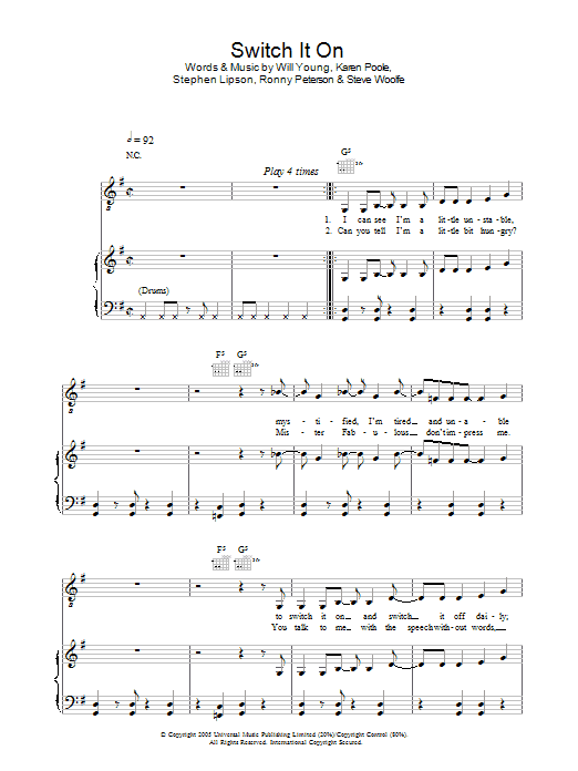 Will Young Switch It On Sheet Music Notes & Chords for Piano, Vocal & Guitar (Right-Hand Melody) - Download or Print PDF Will Young Switch It On Sheet Music Notes & Chords for Piano, Vocal & Guitar (Right-Hand Melody) - Download or Print PDF