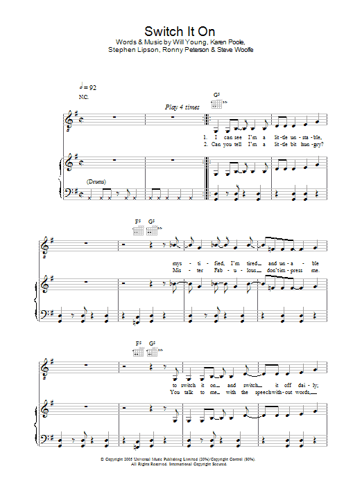Will Young Switch It On Sheet Music Notes & Chords for Piano, Vocal & Guitar (Right-Hand Melody) - Download or Print PDF