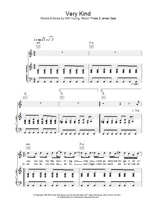 Will Young Very Kind Sheet Music Notes & Chords for Piano, Vocal & Guitar - Download or Print PDF