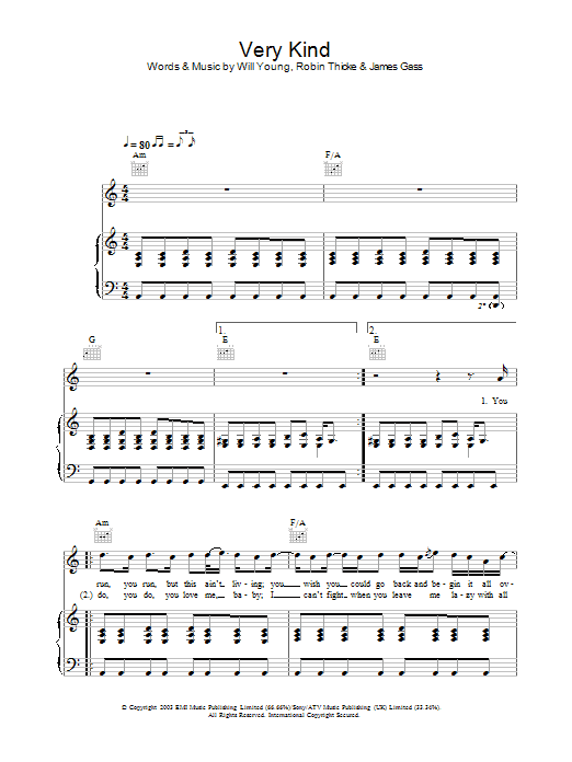 Will Young Very Kind Sheet Music Notes & Chords for Melody Line, Lyrics & Chords - Download or Print PDF