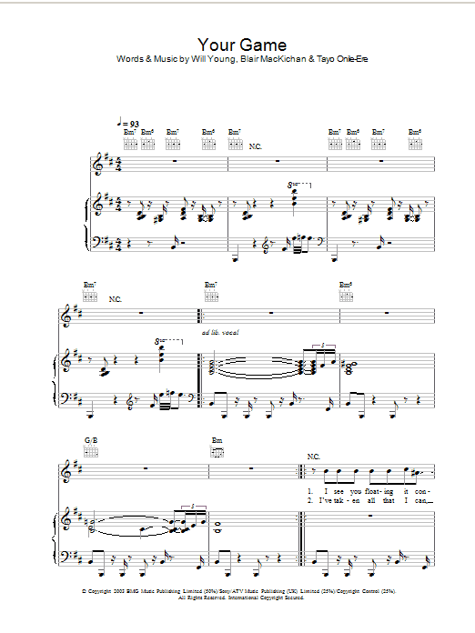 Will Young Your Game Sheet Music Notes & Chords for Piano, Vocal & Guitar - Download or Print PDF