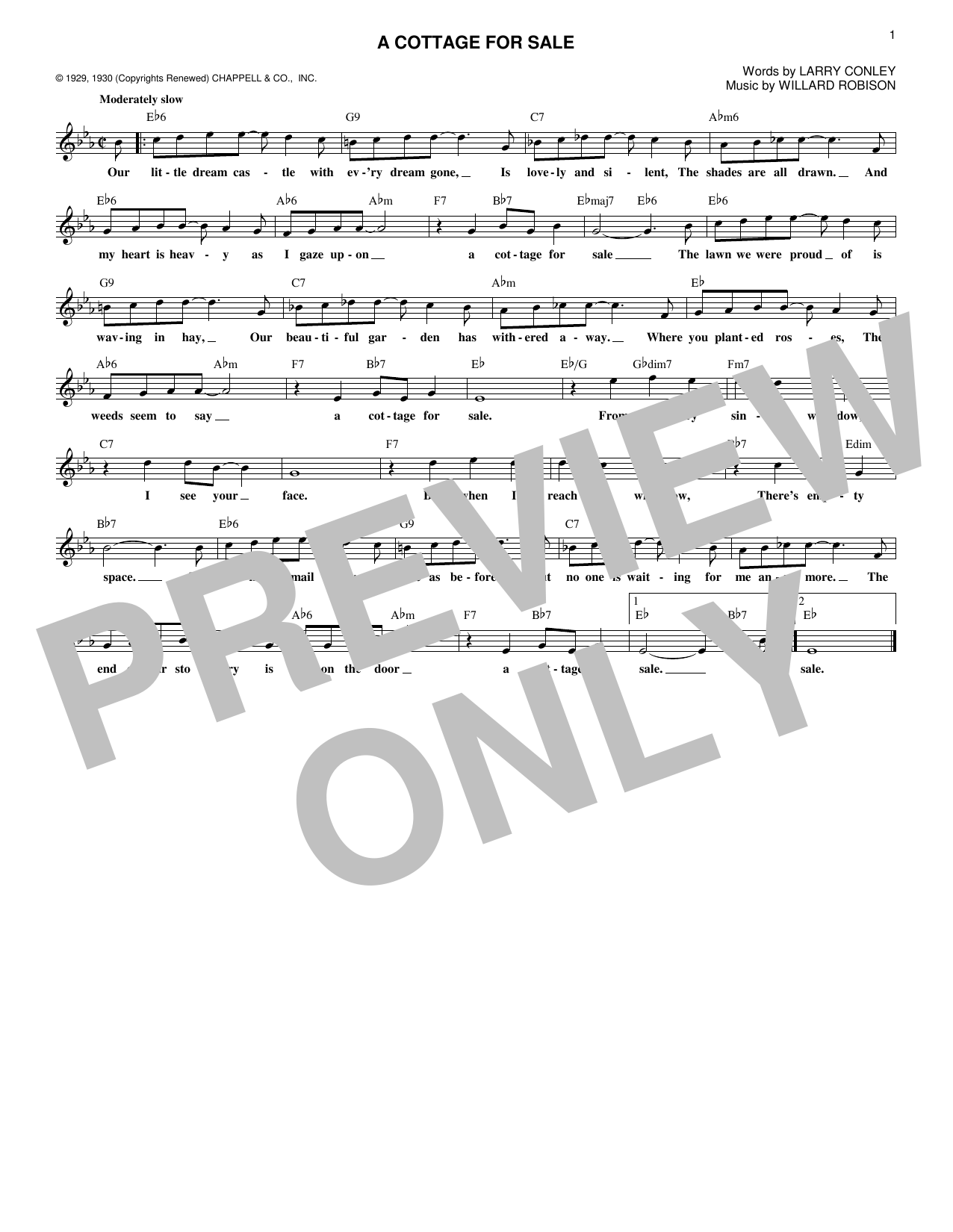 Willard Robison A Cottage For Sale Sheet Music Notes & Chords for Melody Line, Lyrics & Chords - Download or Print PDF