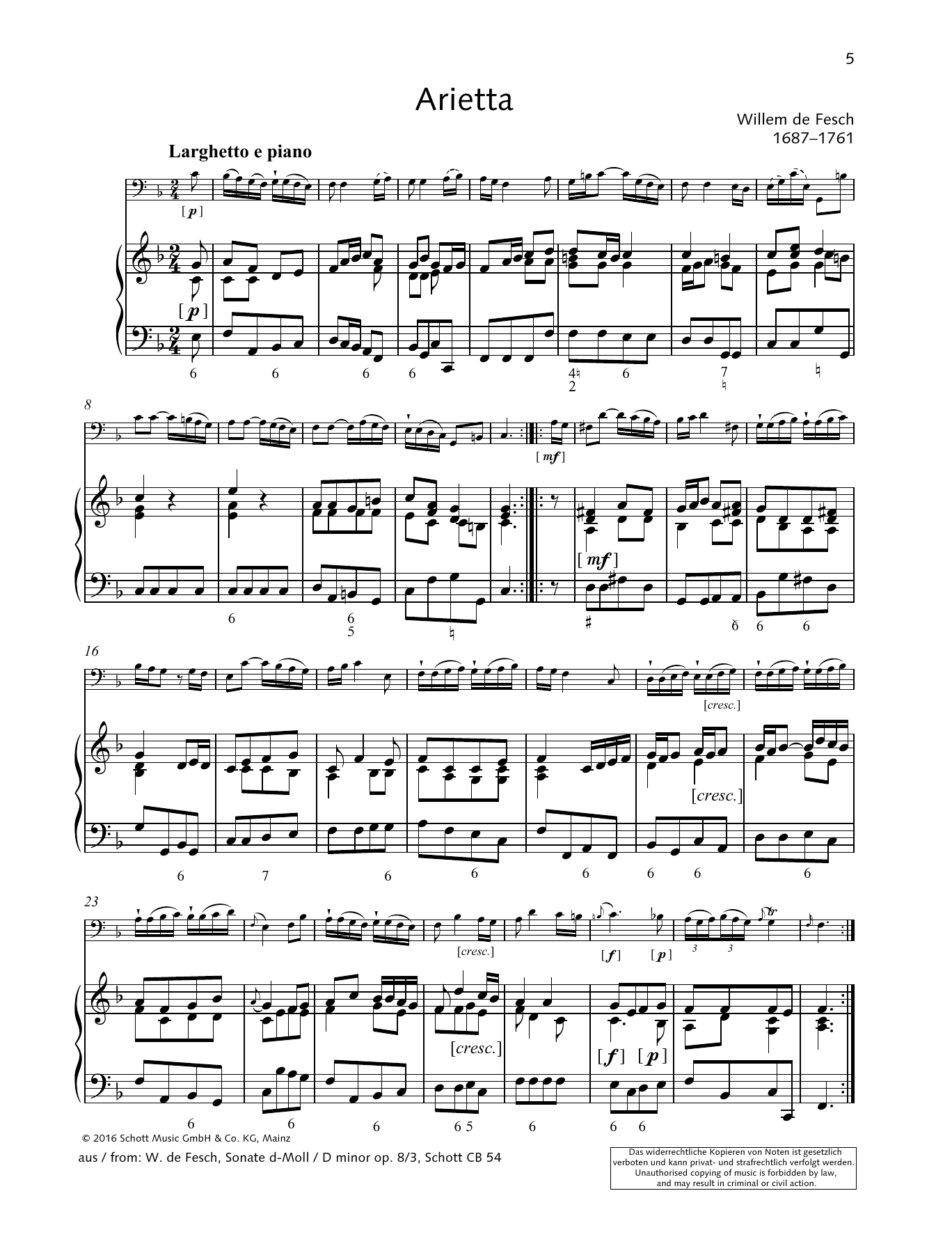 Willem de Fesch Arietta Sheet Music Notes & Chords for String Solo - Download or Print PDF