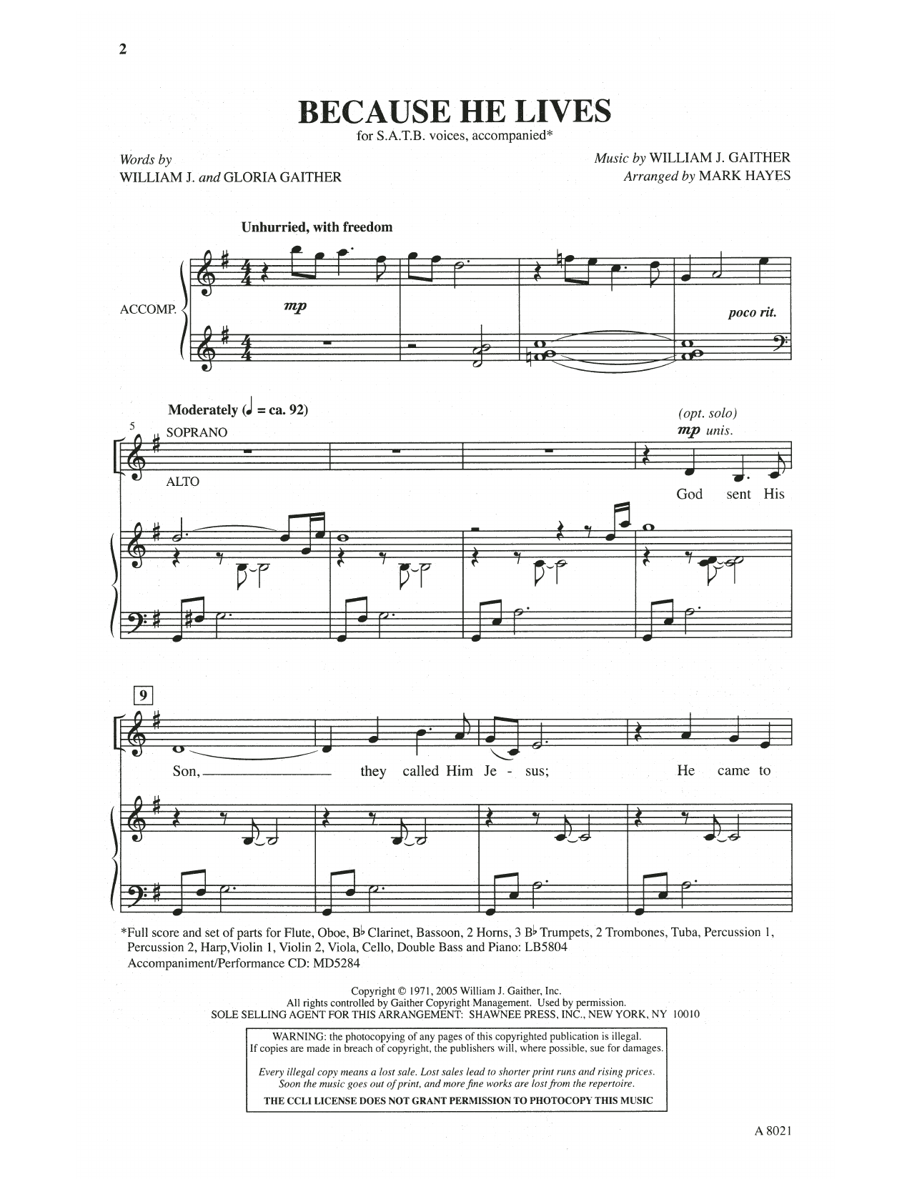 William & Gloria Gaither Because He Lives (arr. Mark Hayes) Sheet Music Notes & Chords for SATB Choir - Download or Print PDF