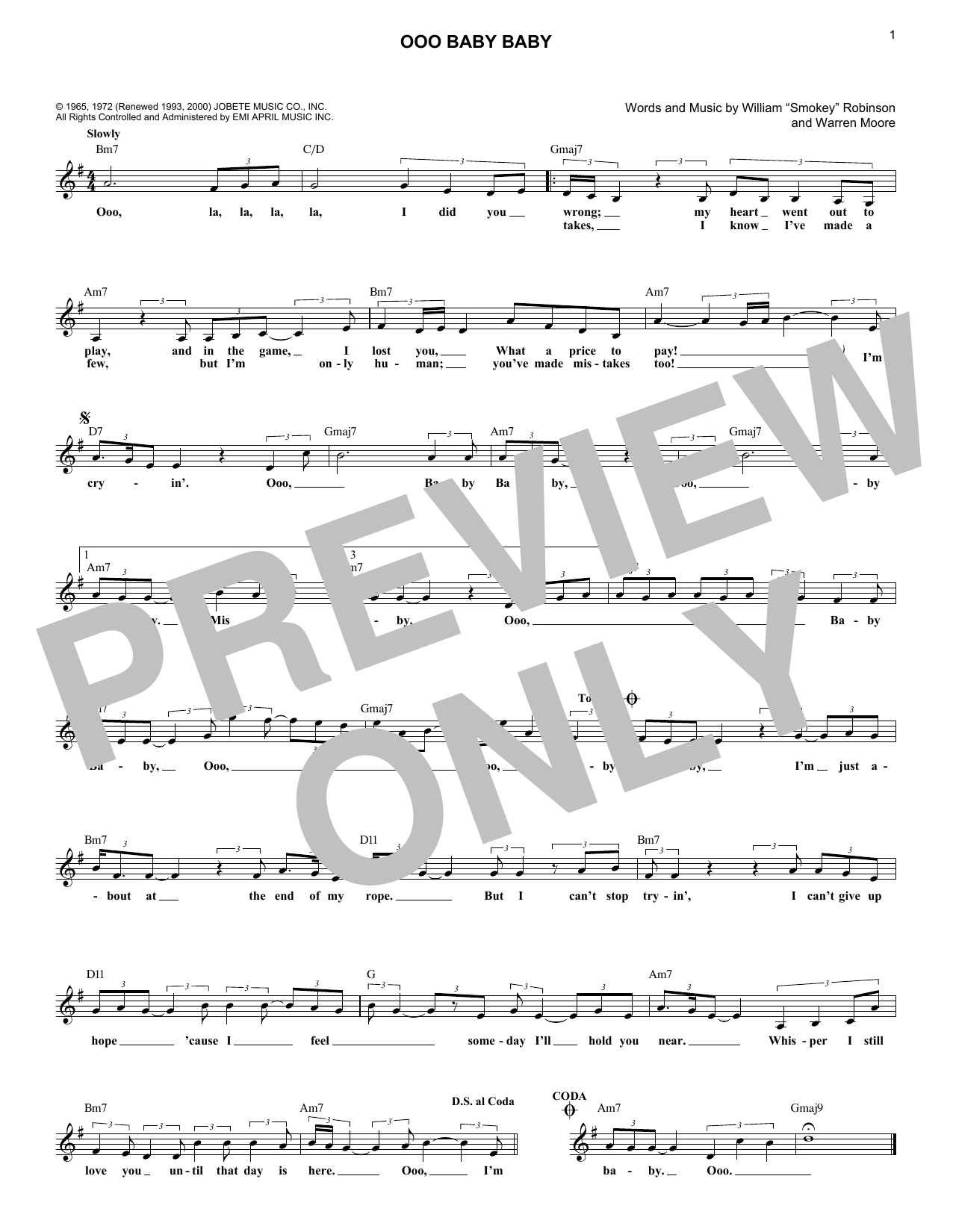Smokey Robinson Ooo Baby Baby Sheet Music Notes & Chords for Melody Line, Lyrics & Chords - Download or Print PDF