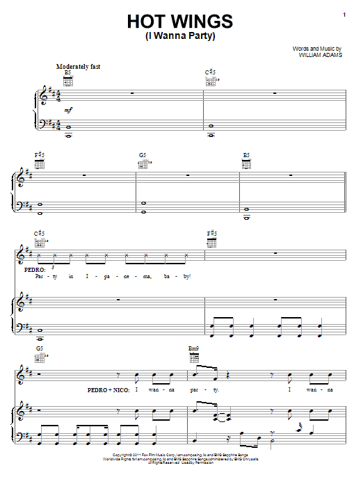 William Adams Hot Wings (I Wanna Party) Sheet Music Notes & Chords for Piano, Vocal & Guitar (Right-Hand Melody) - Download or Print PDF