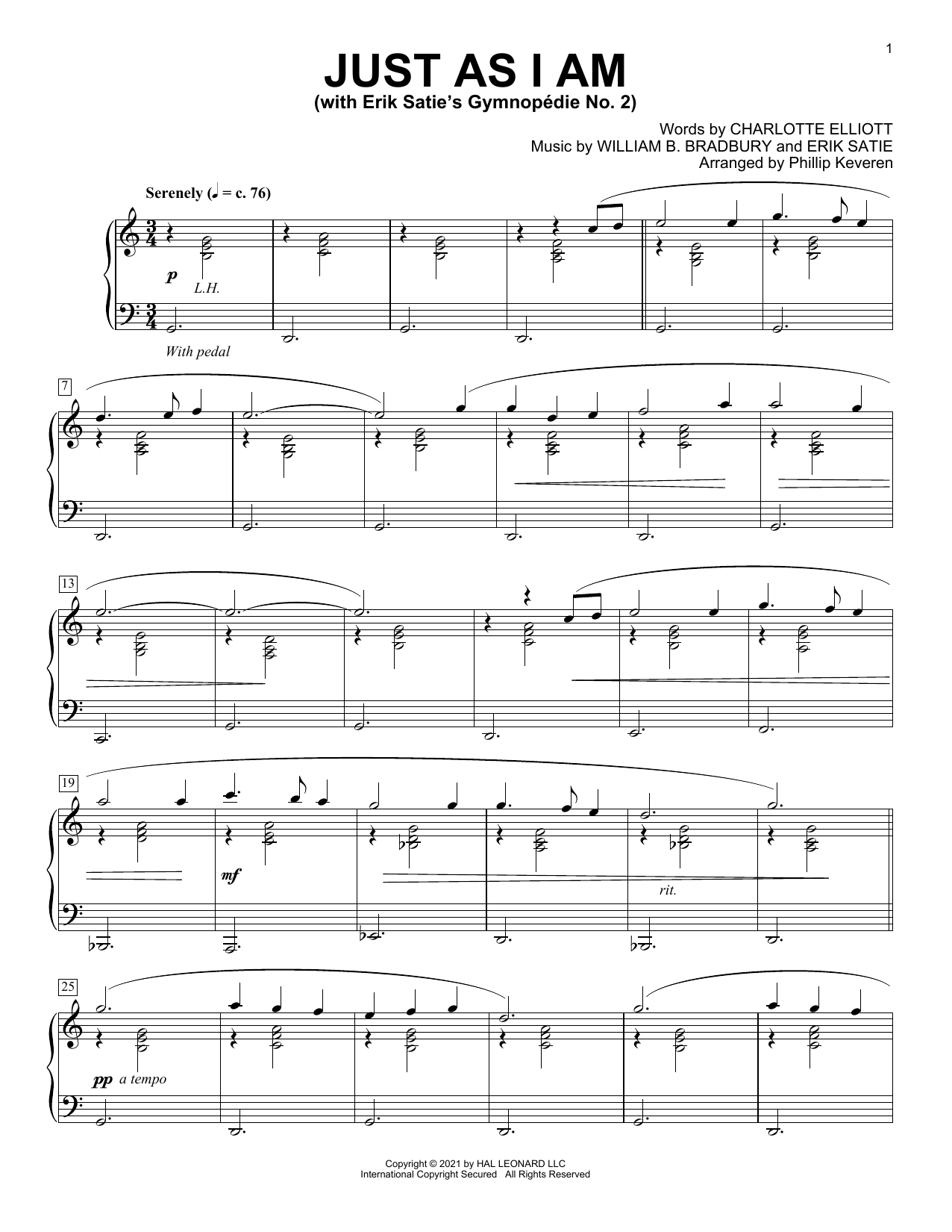 William B. Bradbury and Erik Satie Just As I Am (With Erik Satie's Gymnopedie No. 2) (arr. Phillip Keveren) Sheet Music Notes & Chords for Piano Solo - Download or Print PDF