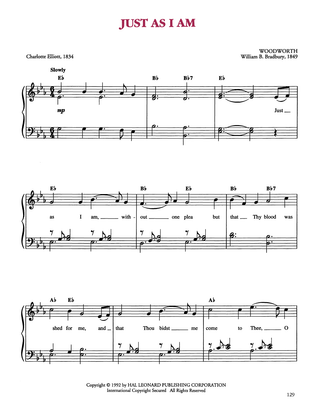 William B. Bradbury Just As I Am Sheet Music Notes & Chords for Easy Piano - Download or Print PDF
