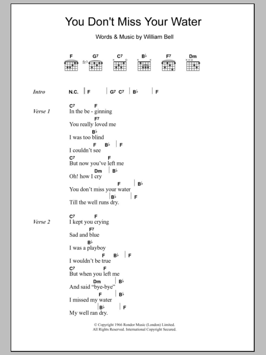 William Bell You Don't Miss Your Water Sheet Music Notes & Chords for Lyrics & Chords - Download or Print PDF