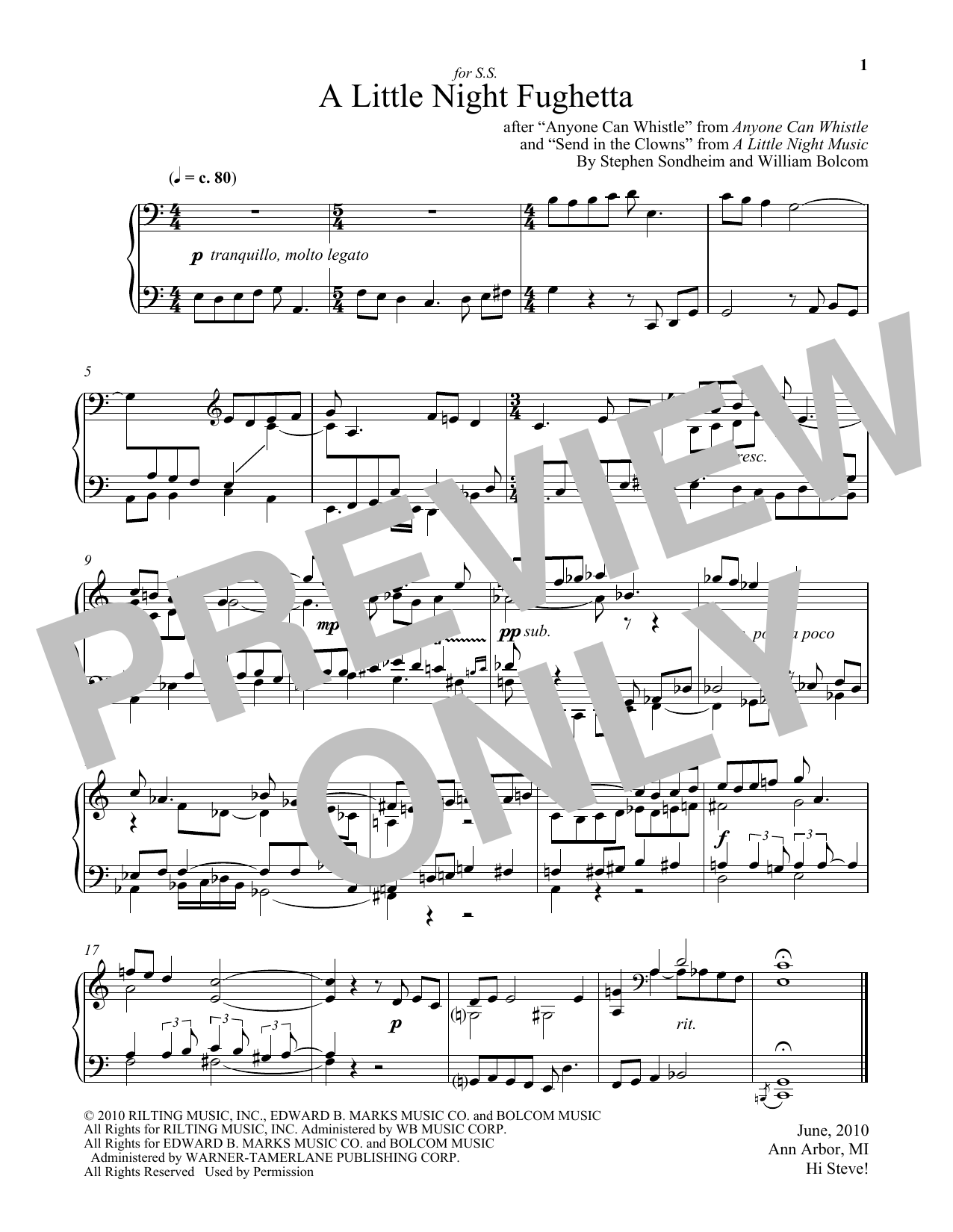 William Bolcom A Little Night Fughetta Sheet Music Notes & Chords for Piano - Download or Print PDF