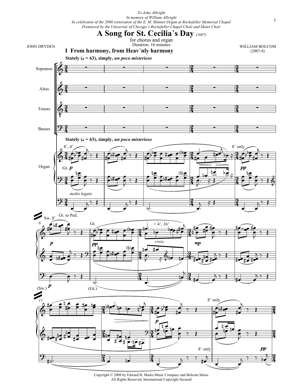 William Bolcom A Song For St. Cecilia's Day Sheet Music Notes & Chords for SATB - Download or Print PDF