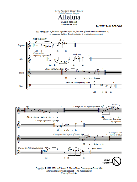 William Bolcom Alleluia Sheet Music Notes & Chords for SATB - Download or Print PDF