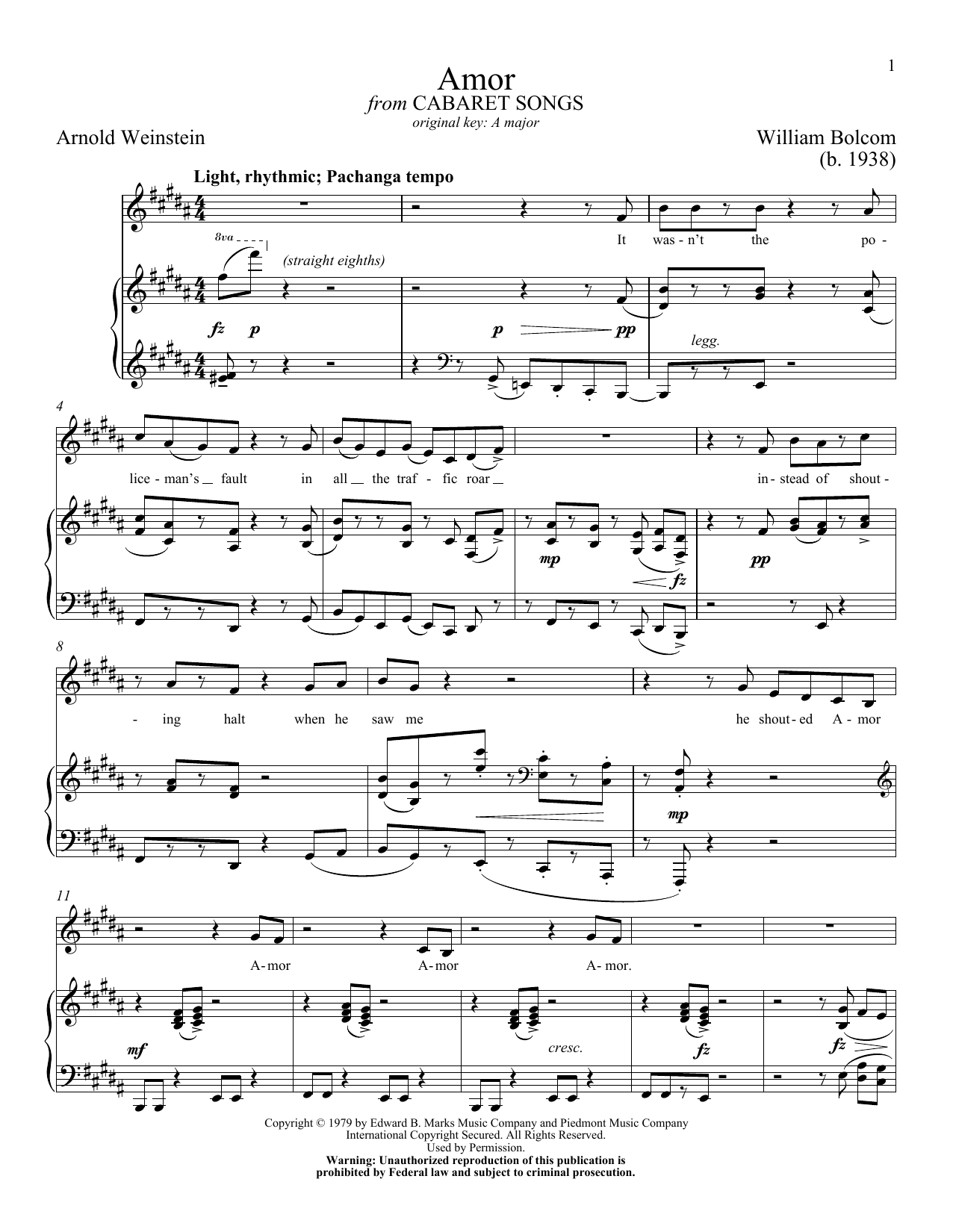 William Bolcom Amor Sheet Music Notes & Chords for Piano & Vocal - Download or Print PDF