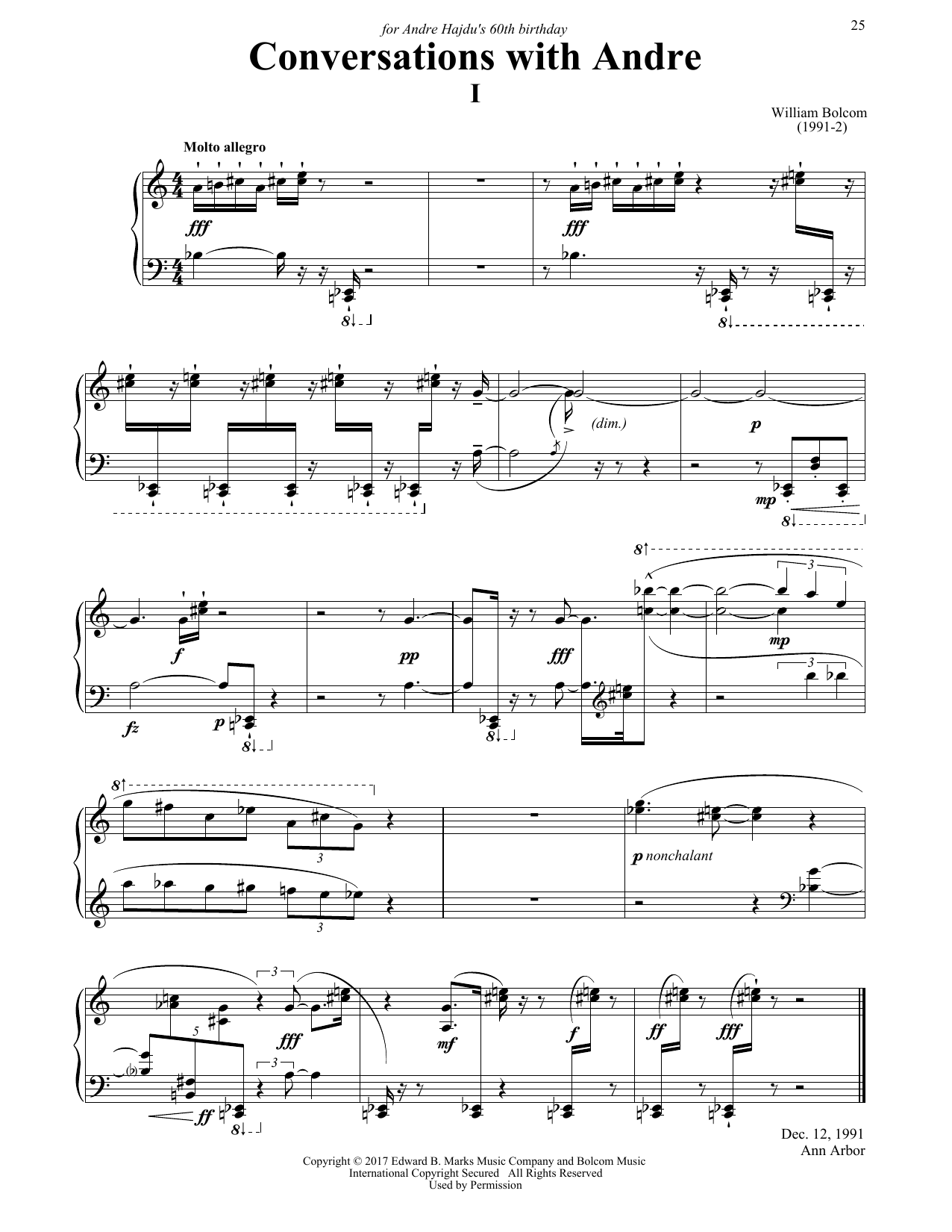 William Bolcom Conversations with Andre Sheet Music Notes & Chords for Piano - Download or Print PDF