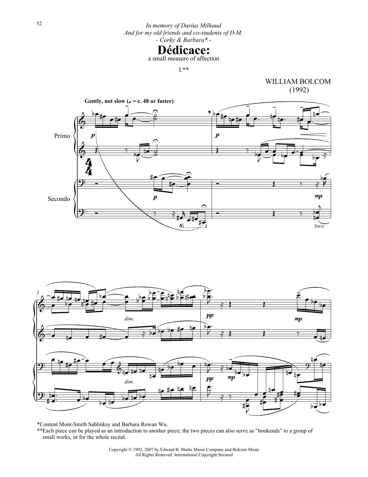 William Bolcom Dedicace Sheet Music Notes & Chords for Piano Duet - Download or Print PDF