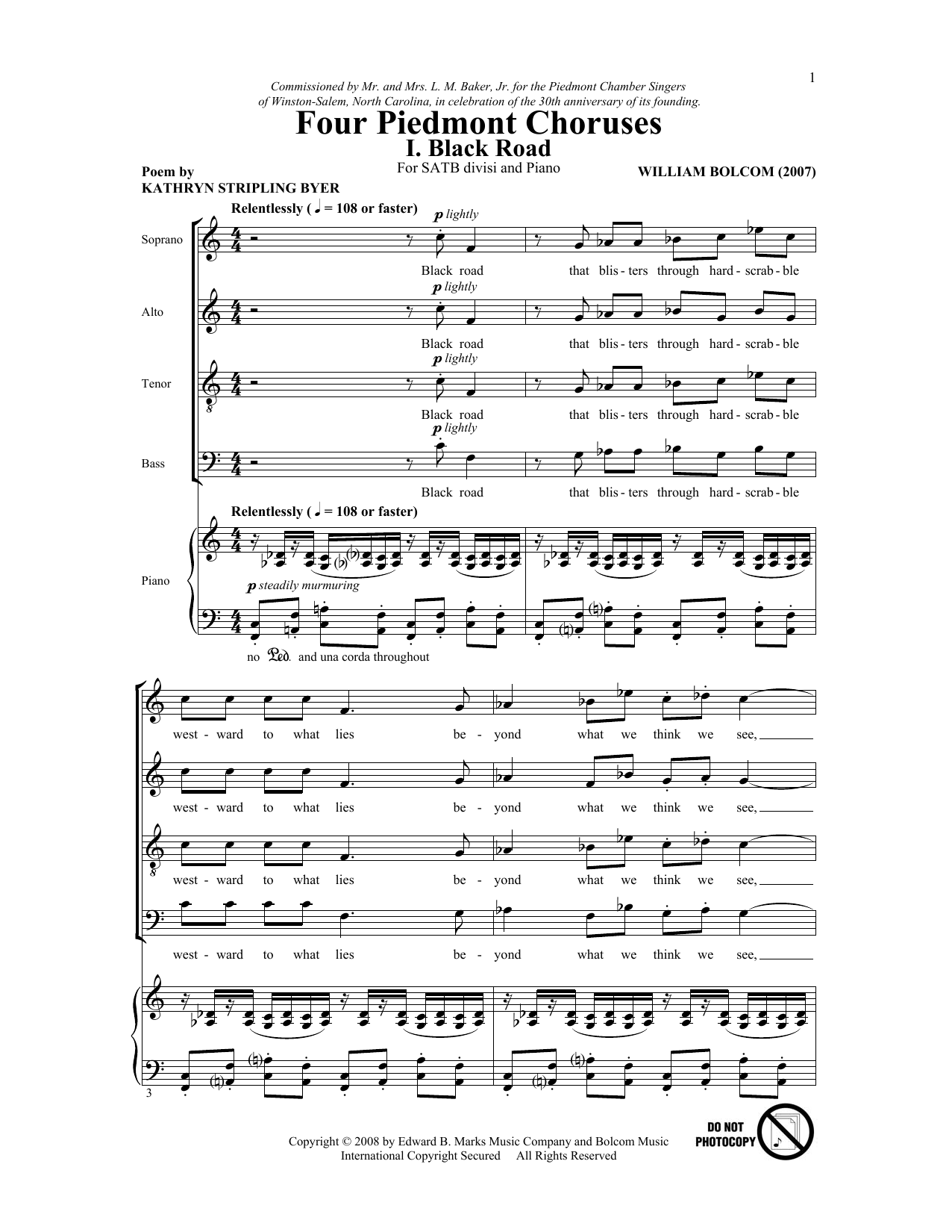 William Bolcom Four Piedmont Choruses Sheet Music Notes & Chords for SATB - Download or Print PDF
