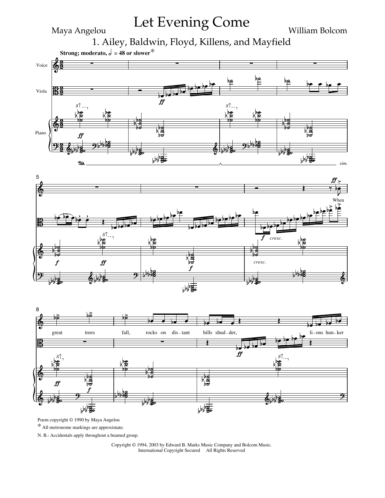William Bolcom Let Evening Come (for soprano, viola and piano) Sheet Music Notes & Chords for Piano & Vocal - Download or Print PDF