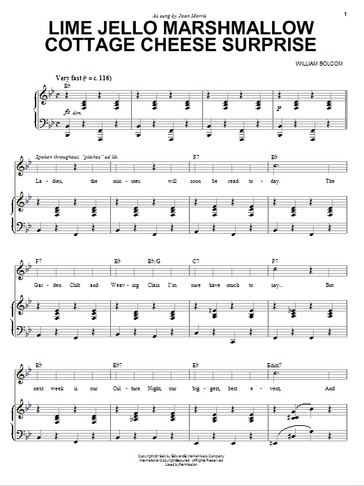 William Bolcom Lime Jello Marshmallow Cottage Cheese Surprise Sheet Music Notes & Chords for Piano, Vocal & Guitar (Right-Hand Melody) - Download or Print PDF William Bolcom Lime Jello Marshmallow Cottage Cheese Surprise Sheet Music Notes & Chords for Piano, Vocal & Guitar (Right-Hand Melody) - Download or Print PDF