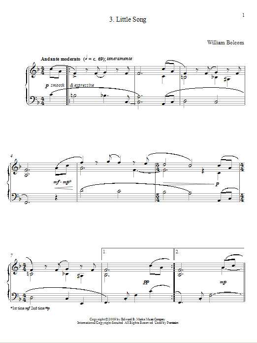 William Bolcom Little Song Sheet Music Notes & Chords for Piano - Download or Print PDF