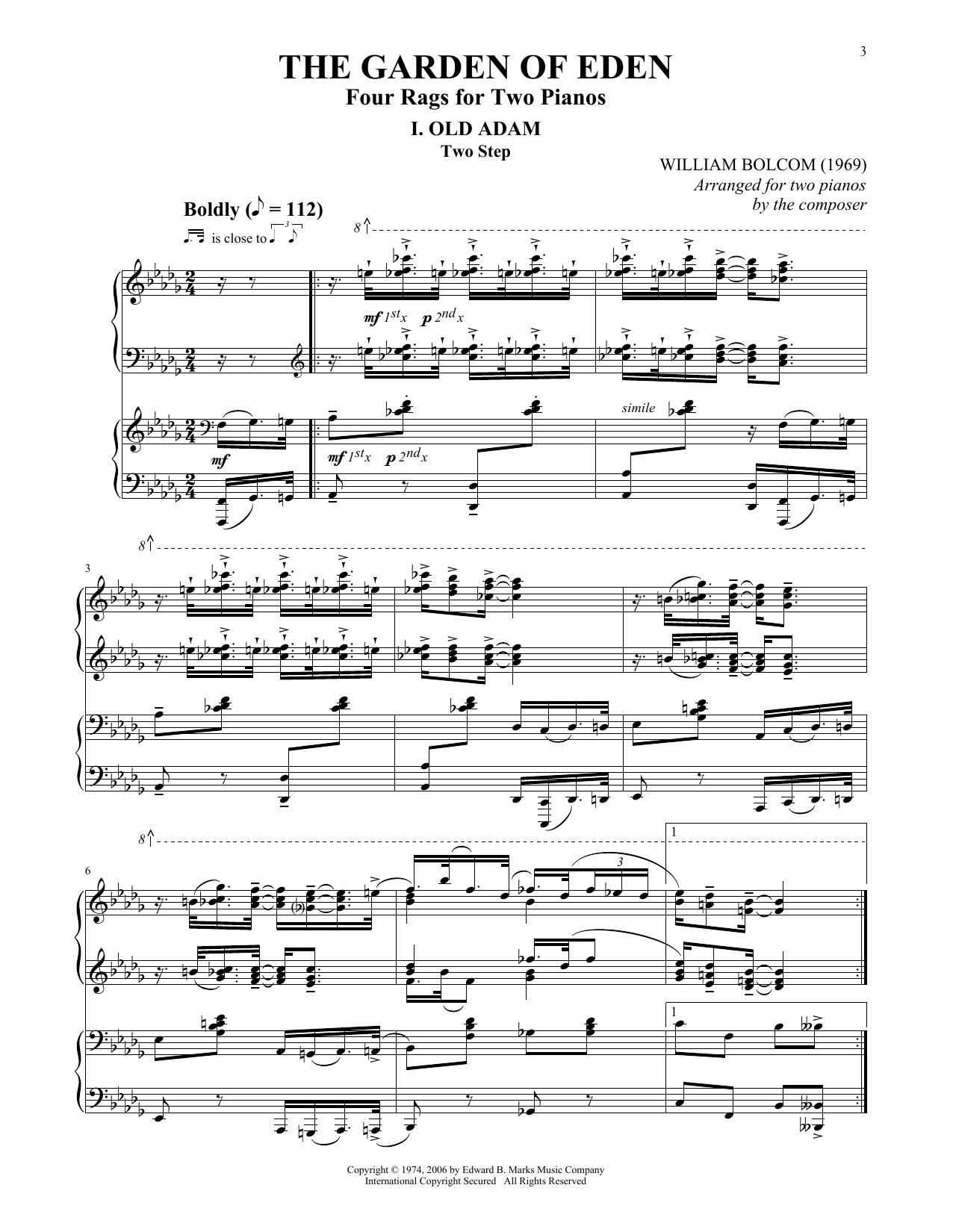 William Bolcom Old Adam Sheet Music Notes & Chords for Piano Duet - Download or Print PDF