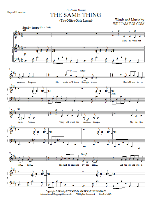 William Bolcom The Same Thing (The Office Girl's Lament) Sheet Music Notes & Chords for Piano & Vocal - Download or Print PDF