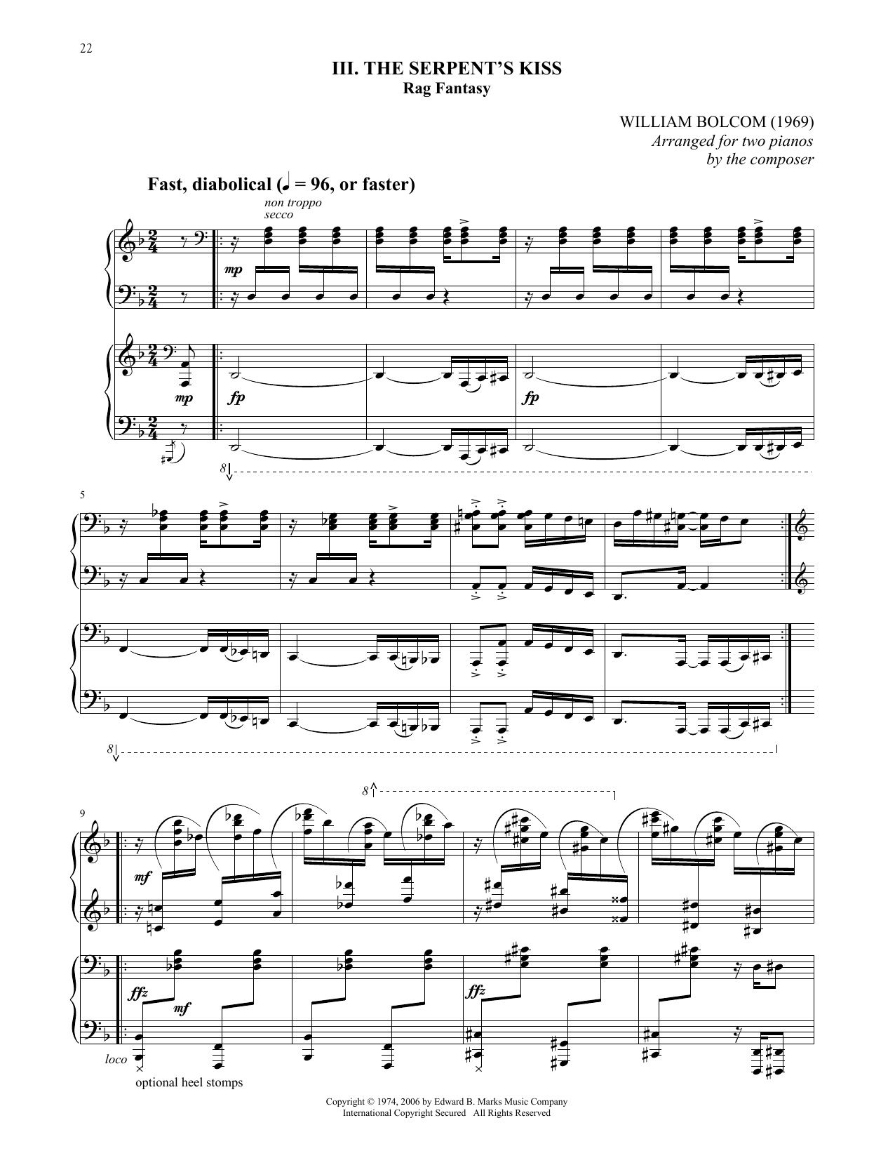 William Bolcom The Serpent's Kiss Sheet Music Notes & Chords for Piano Duet - Download or Print PDF