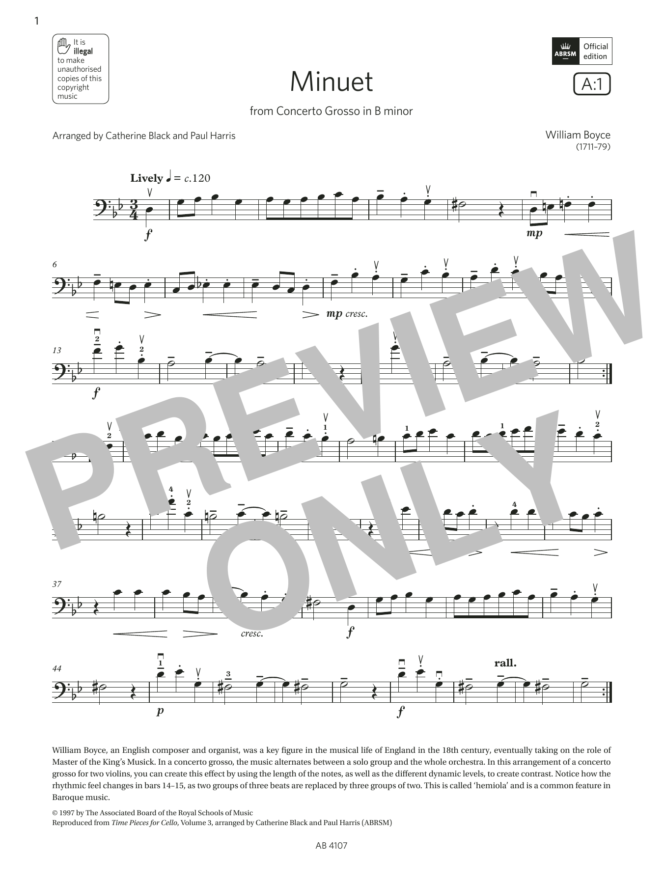 William Boyce Minuet (Grade 4, A1, from the ABRSM Cello Syllabus from 2024) Sheet Music Notes & Chords for Cello Solo - Download or Print PDF