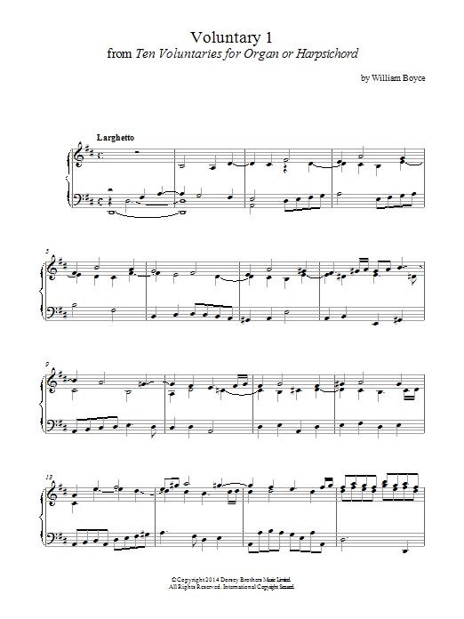 William Boyce Voluntary 1 In D Major From 10 Voluntaries For Harpsichord Sheet Music Notes & Chords for Piano - Download or Print PDF
