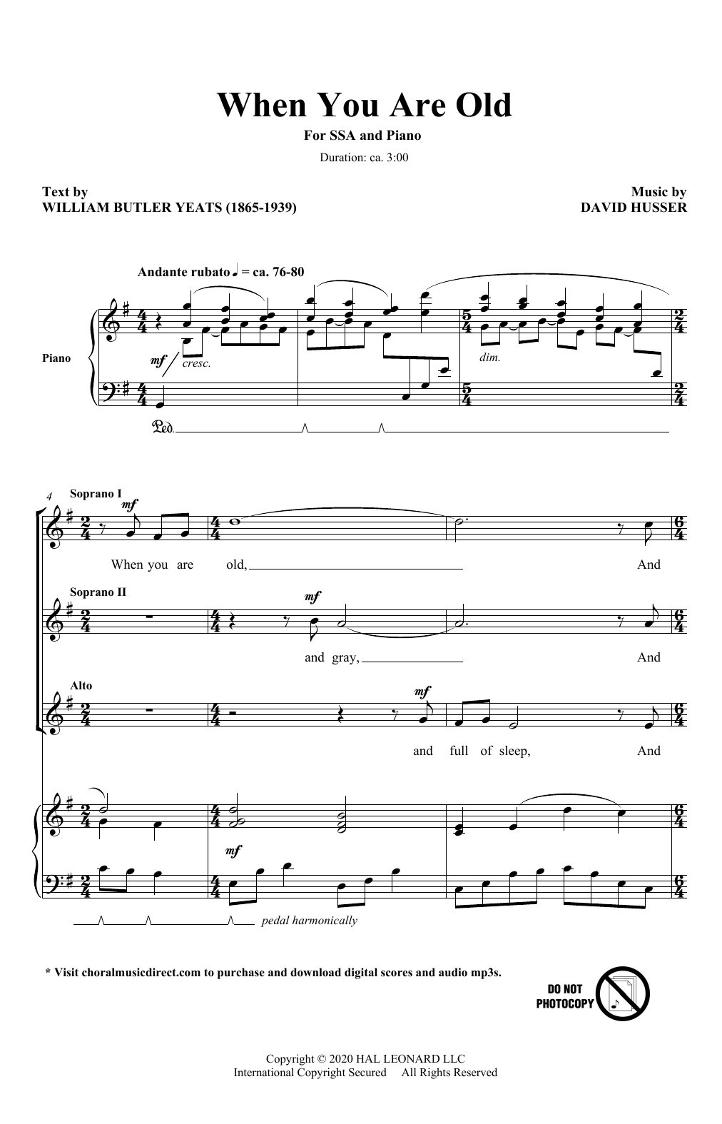 William Butler Yeats and David Husser When You Are Old Sheet Music Notes & Chords for SSA Choir - Download or Print PDF