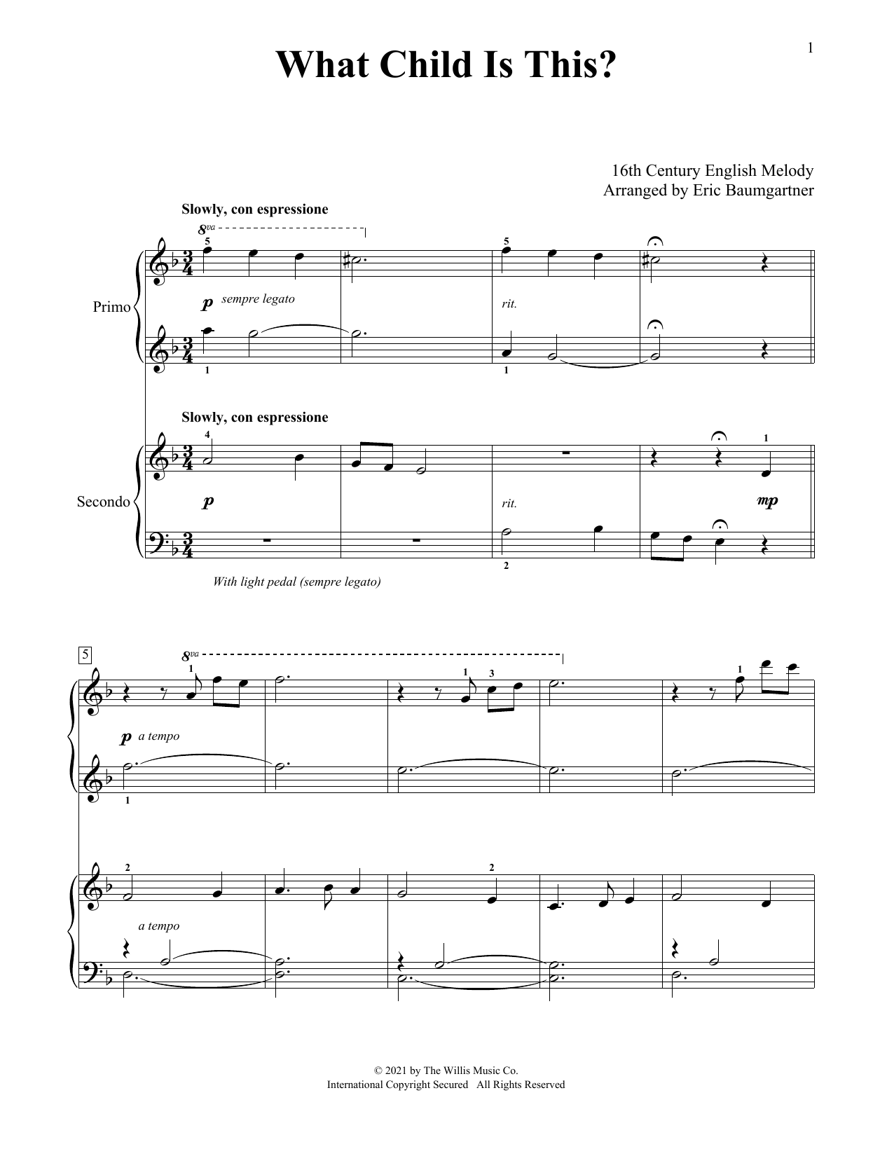 William C. Dix What Child Is This? (arr. Eric Baumgartner) Sheet Music Notes & Chords for Piano Duet - Download or Print PDF